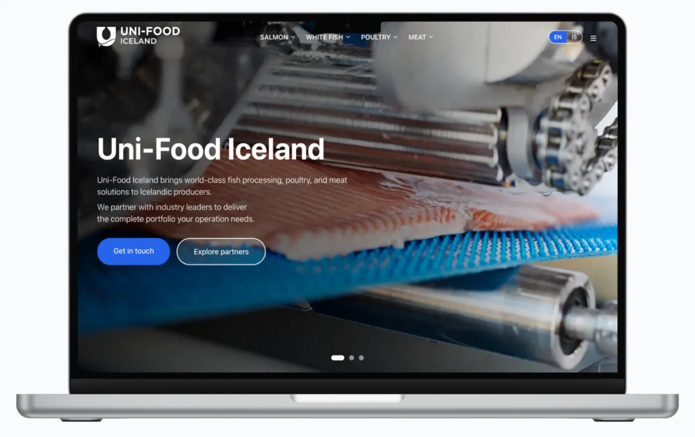 Forsiden til Uni-Food Technic på en laptop, en nettside vi har laget